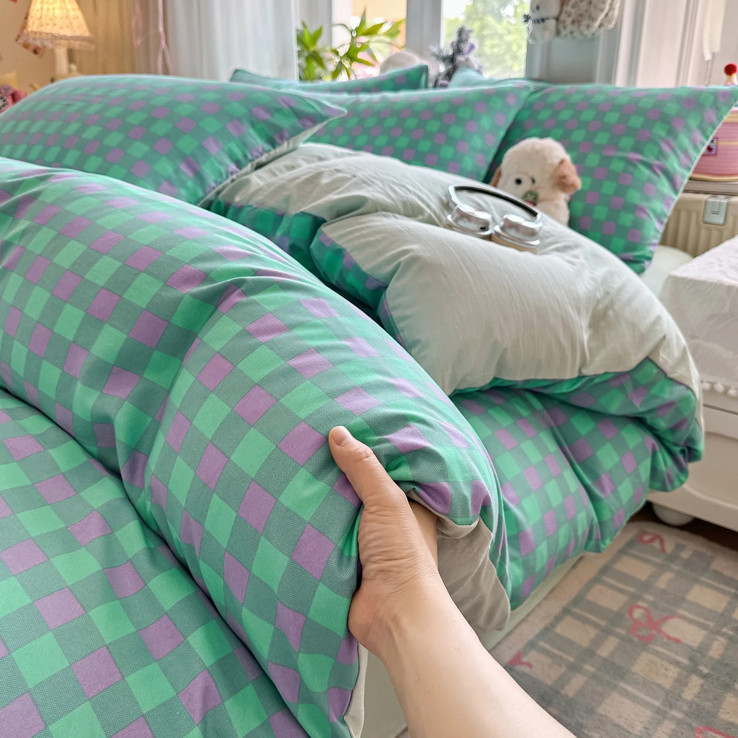 2026 New Bedding Set Solid Color Grid Washed Cotton Single King Queen Size for Home Bedroom Decor Back-to-School Dormitory Decor