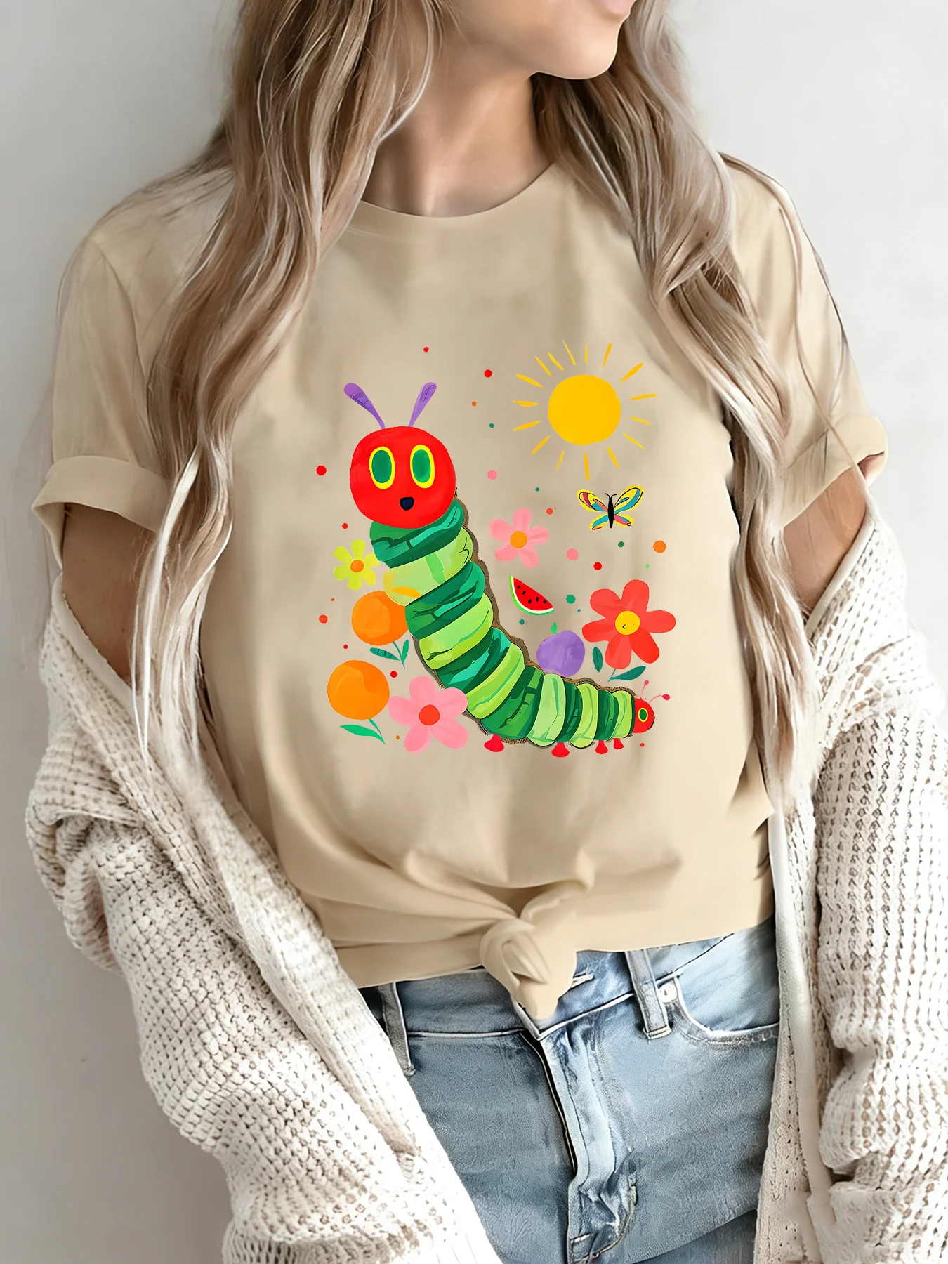 Women Crew Neck Tee Colorful Hungry Caterpillar Floral Sun Graphic Print Short Sleeve Loose Ladies Cotton Plus Size Casual Top