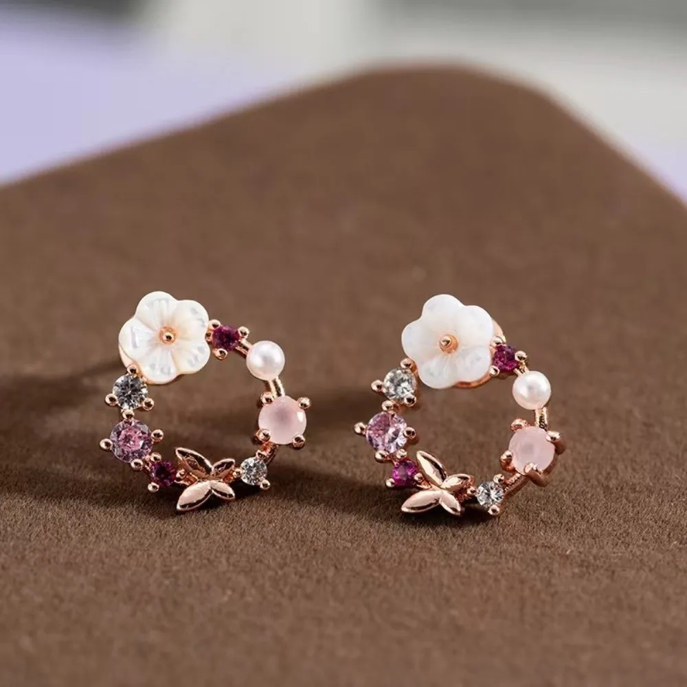 4 Pcs/Set Elegant Rose Gold Jewelry Set Simple Ornate Petal-Inspired Zircon Necklace Ring Earrings Set Dainty Exquisite Design