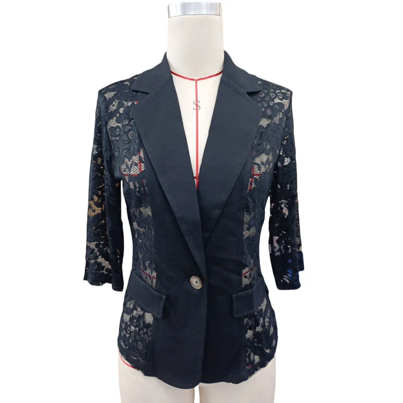 WTHT elegant trendy women's spliced lace design solid color blazer 2025 spring fashion lapel short sleeves jacket female 1LS682