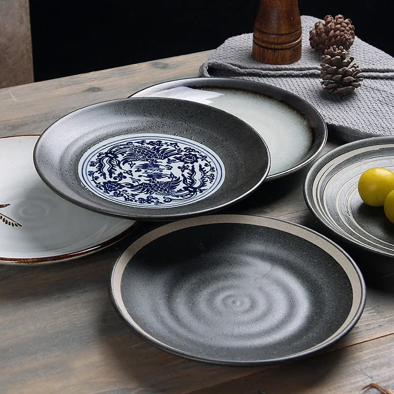 8-Inch, retro handmade ceramic plate, high-value household dish, underglaze color  tableware, rough pottery snacks, sushi
