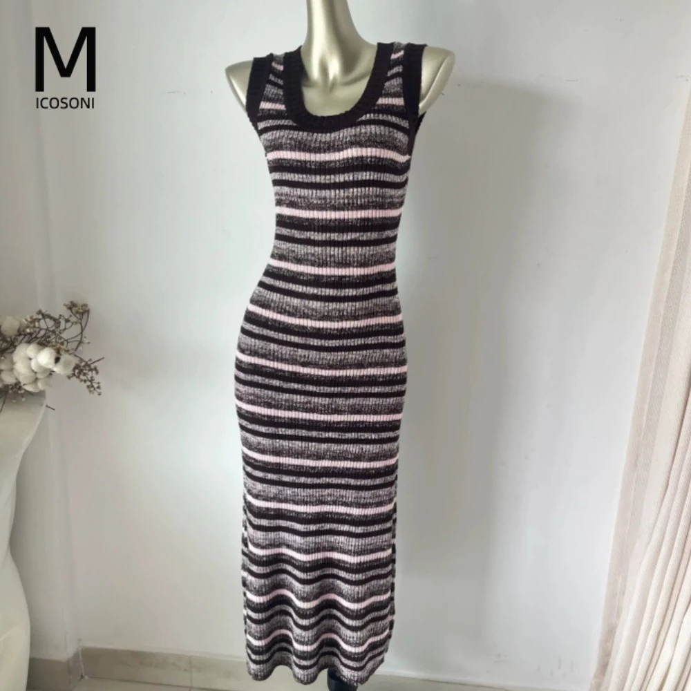 French Design Sense Niche Knitted Dress Temperament Contrasting Color Pink Coffee Stripe Mixed Color Thin Sleeveless Vestidos