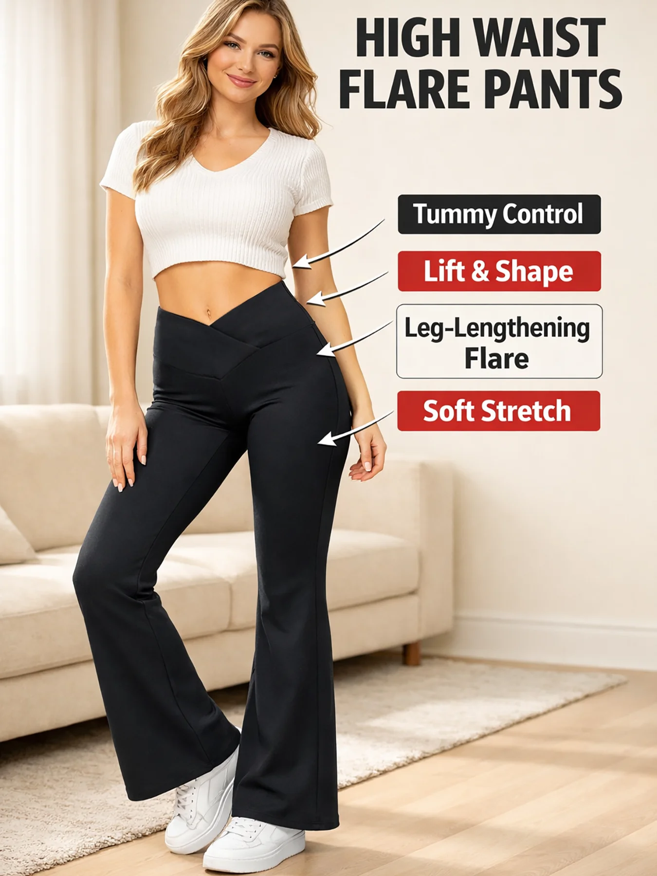 A Single Piece of Elegant High-Waisted Black Pantsuit with Built-In Abdominal Support and Vertical Leg-Lifting Design, Made from Soft and Stretchy Fabric Suitable for All Seasons, Perfect for Casual Sports Occasions and Formal Events – Flared Trousers