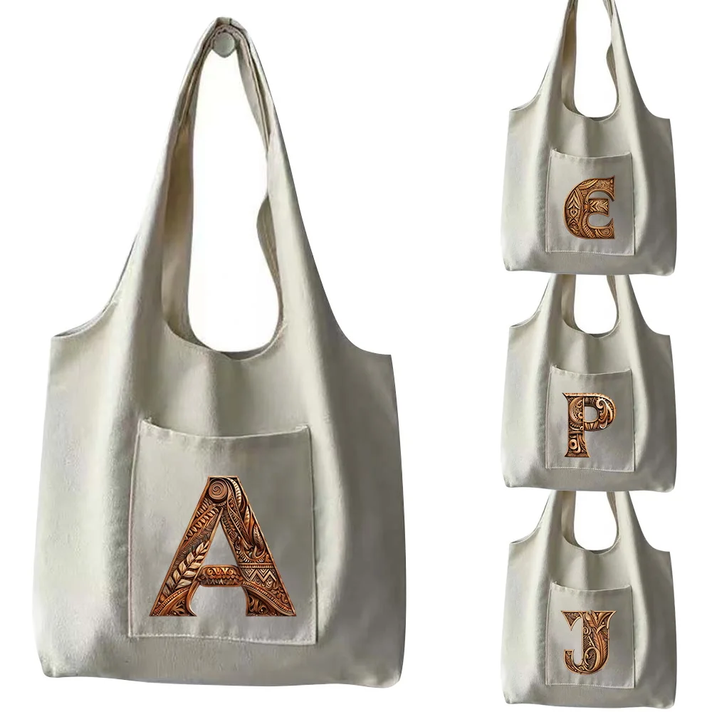 Folding Canvas Tote Bag Women's  White Shoulder Bag Shopping Bag  Wood Art Letter Pattern for Office School Picnics Daily Trips