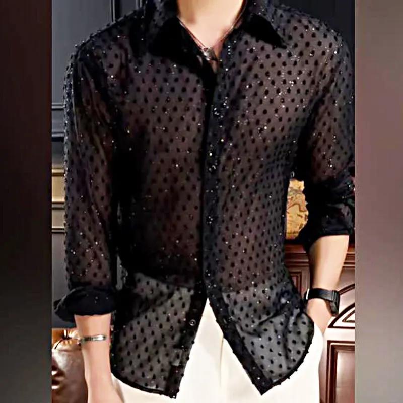 2023 Fall Vintage Fashion Black Dress Shirt Man Shirt Men\'s Hollow Mesh Lace Long Sleeve Loose Casual Shirts Male Streetwear