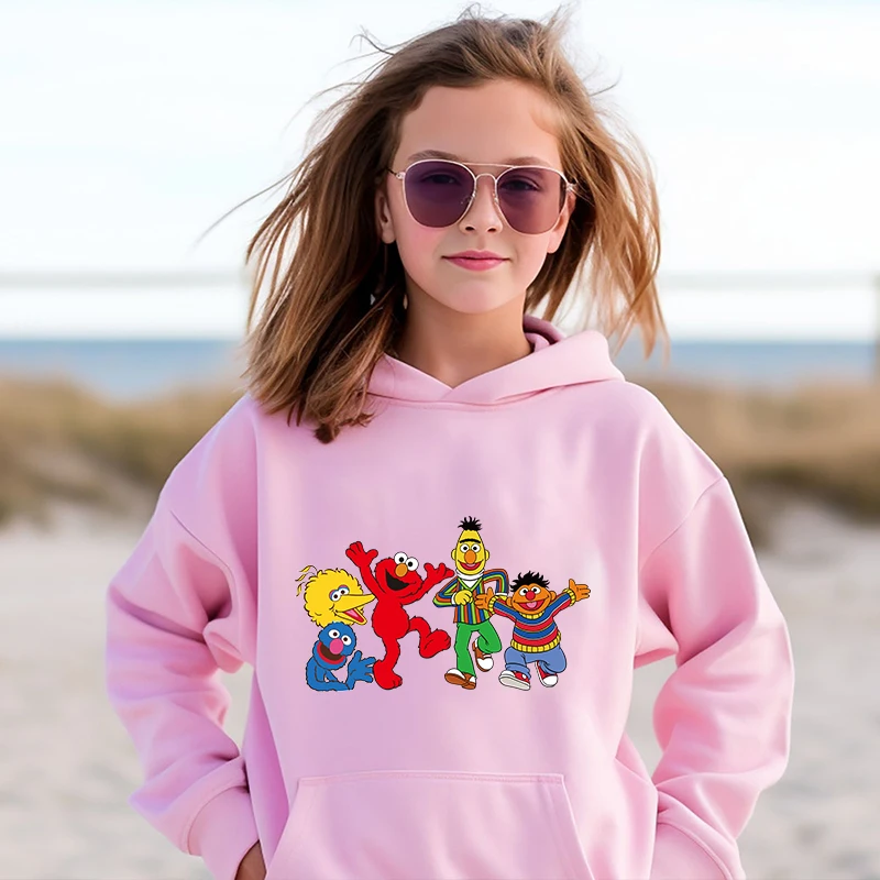 Sesame Street printed kids hoodie autumn and winter plus velvet sweater pink sports top for girls