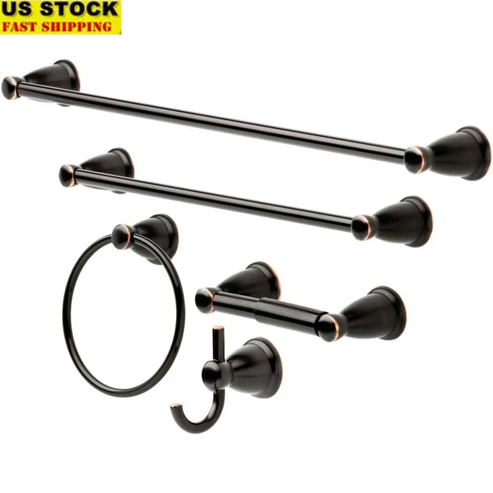 

Kinla 5-Pack Oil-Rubbed Bronze Bathroom Set Towel Bar Racks Toilet Paper Holder Hand Towel Hook Wall Mount Accessories