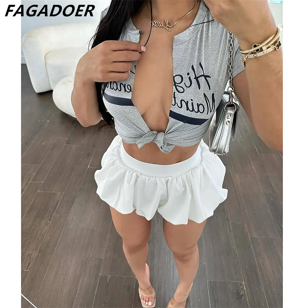 FAGADOER Moda Solid Bubble Increspato Mini Gonne Donna Elastico a Vita Alta Sottile Puff Gonne Estate Nuova Donna Corrispondenza Streetwear