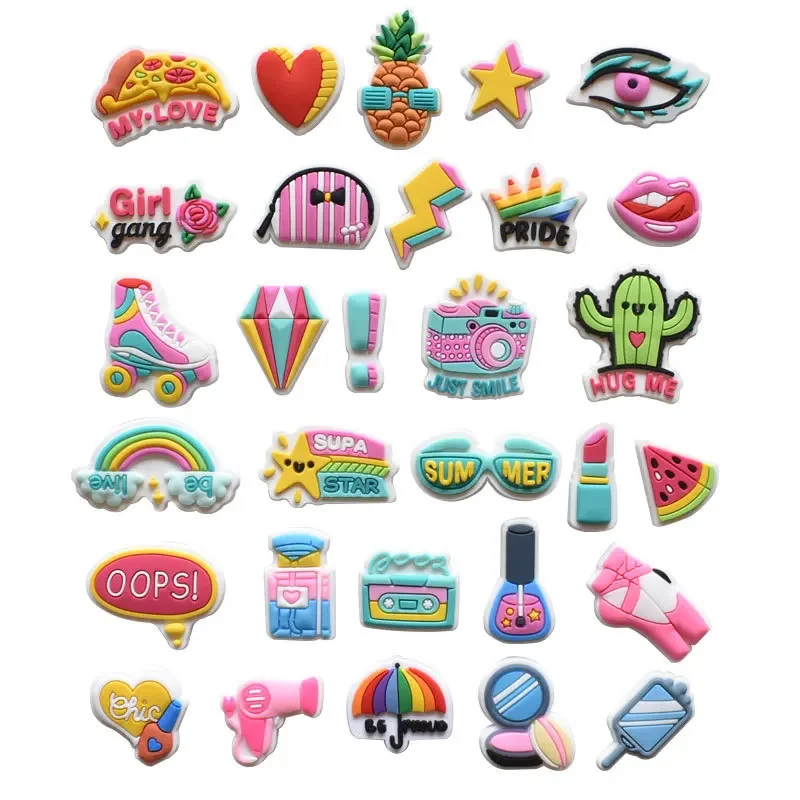 PVC diamond carton cactus skiing buckles rainbow watermelon robot lighting shoe charms deco accessories for clog sneakers pin