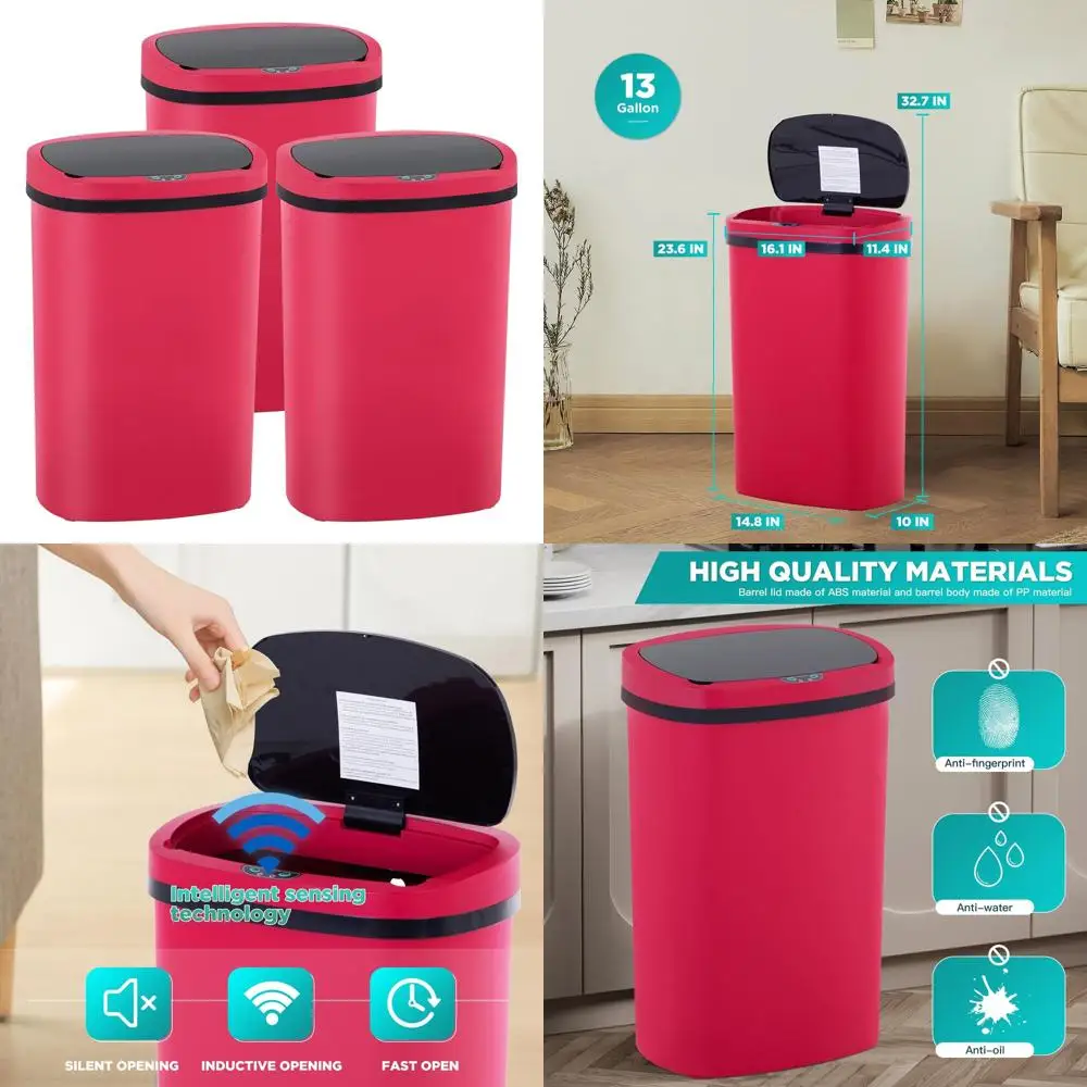 

Бесконтактный красный кухонный мусорный бак объемом 13 галлонов с крышкой с датчиком движения, водонепроницаемый, упаковка из 3 шт. для домашнего и офисного использования