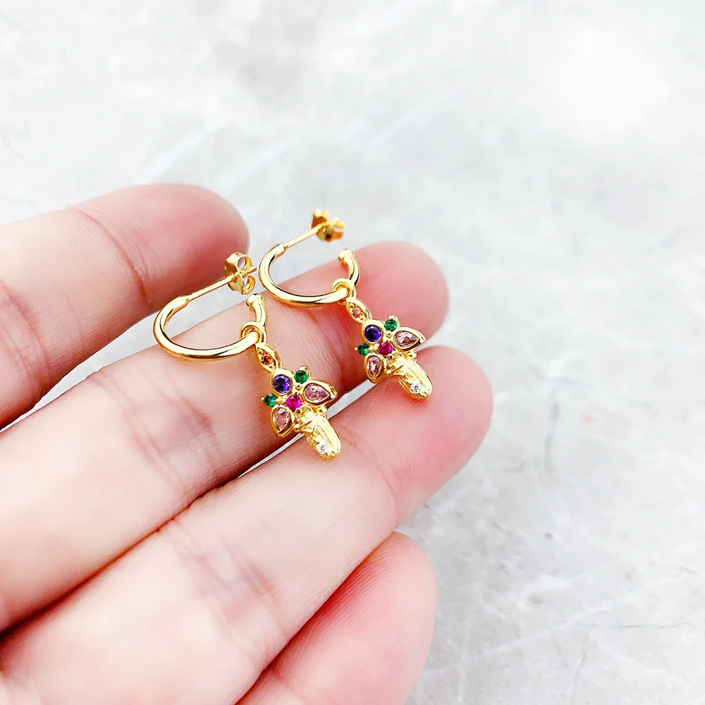 Hoop Earrings Golden Bug Scarab Beetle Fine Jewerly For Women Bohemia Gift In 925 Sterling Silver