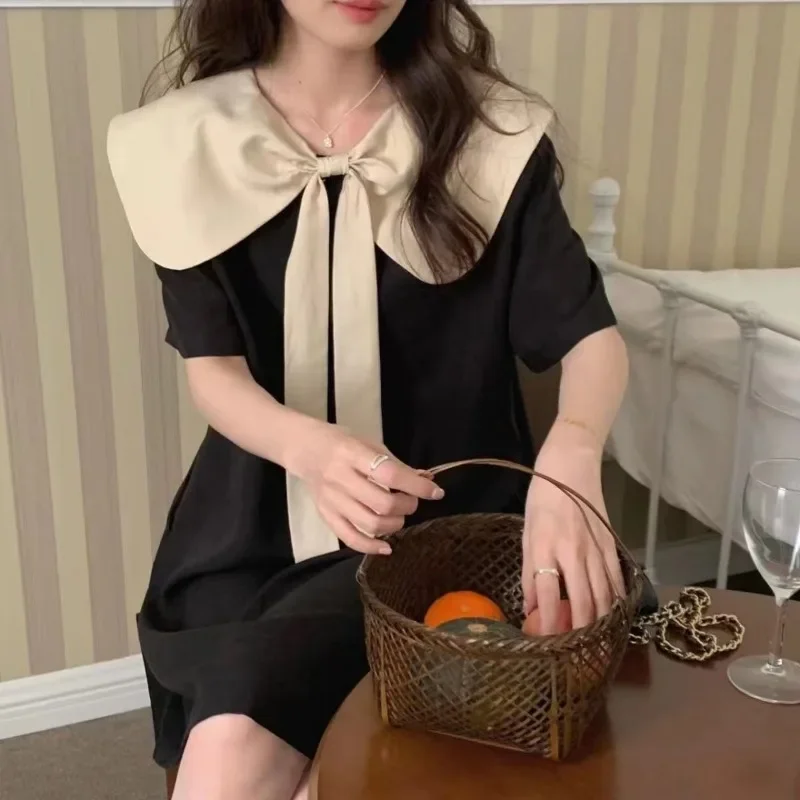 Bow Dresses Female Summertime Fashion Loose Look Slimmer Nightdress Black Minority Sense of Design Color Contrast Doll Collar