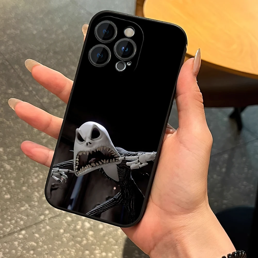 MINISO The N-Nightmare Before Christmas Phone Case for iPhone 12 11 13 14 15 16 Max Pro Plus Black Soft Silicone Cover