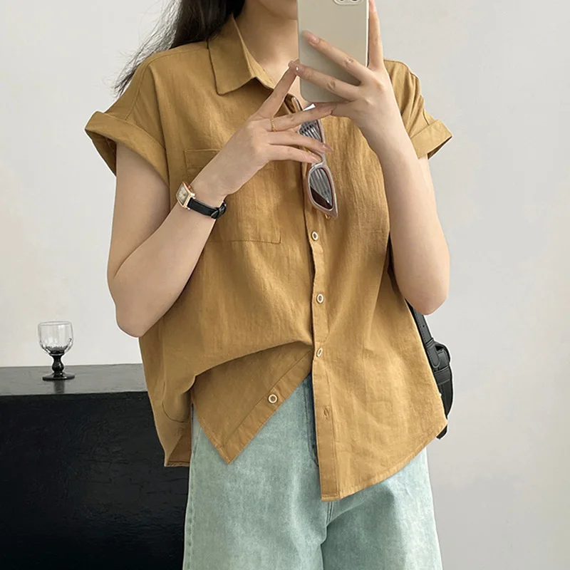 Cotton Linen Short Sleeve Blouse Casual Summer Clothes for Women Turn-down Collar Pockets Splicing Button Solid Color Shirt