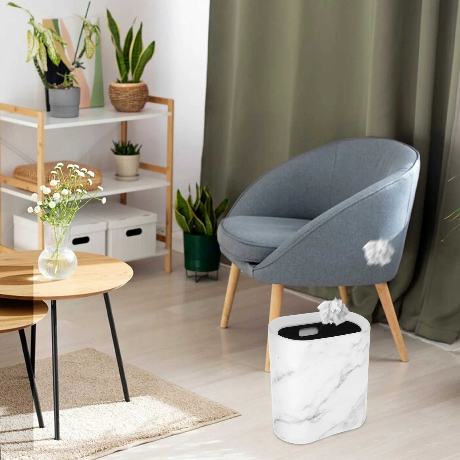 

1pc Crevice Trash Can Household Delicate Floor Garbage Waste Basket Bathroom Marble Design Spacesaving Moderate Capacity Robust