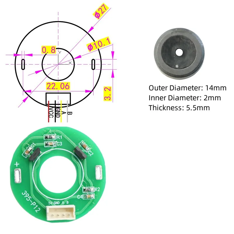 5V 12PPR 395-P12 Hall Encoder Rotation Sensor AB Phase Motor Speed Measurement Direction PID Speed Regulation Encoder