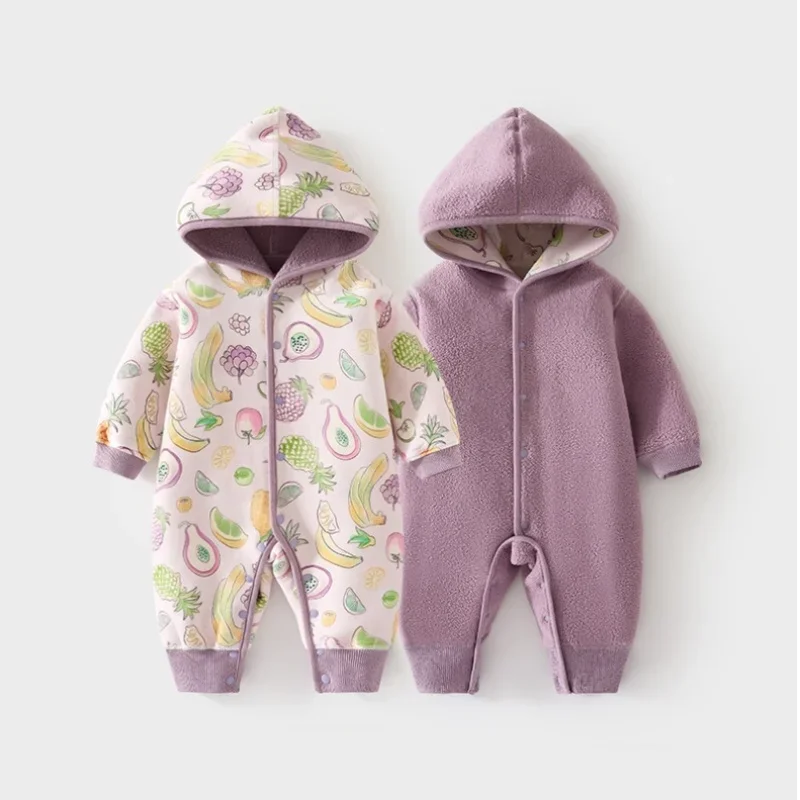 2025 Autumn Winter Baby Reversible Romper Cute Cartoon Printed Hooded Fleece Jumpsuit 2-Way Wear Warm Outfit for Infant 1-3Y