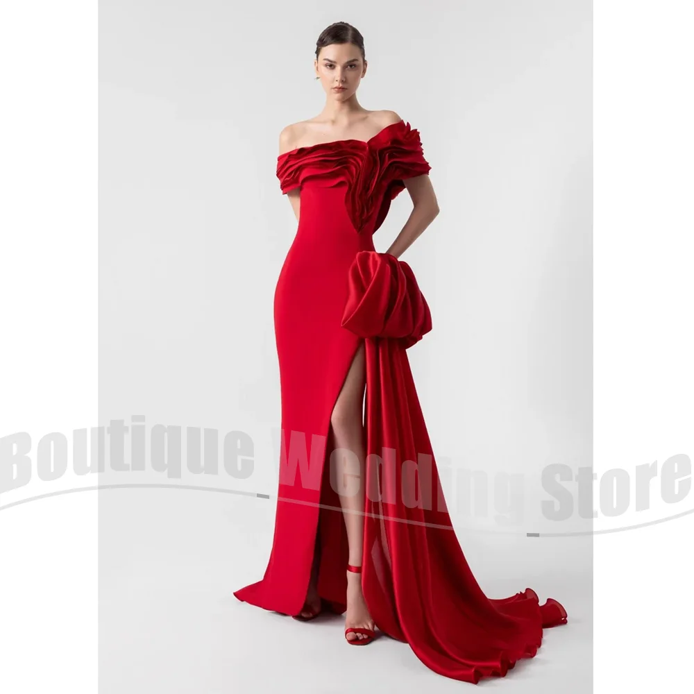 

Chic Off The Shoulder Evening Dresses Pleated Mermaid Slim Party Gowns Fashion Sleeveless Side Slit Floor Length Prom Dresses