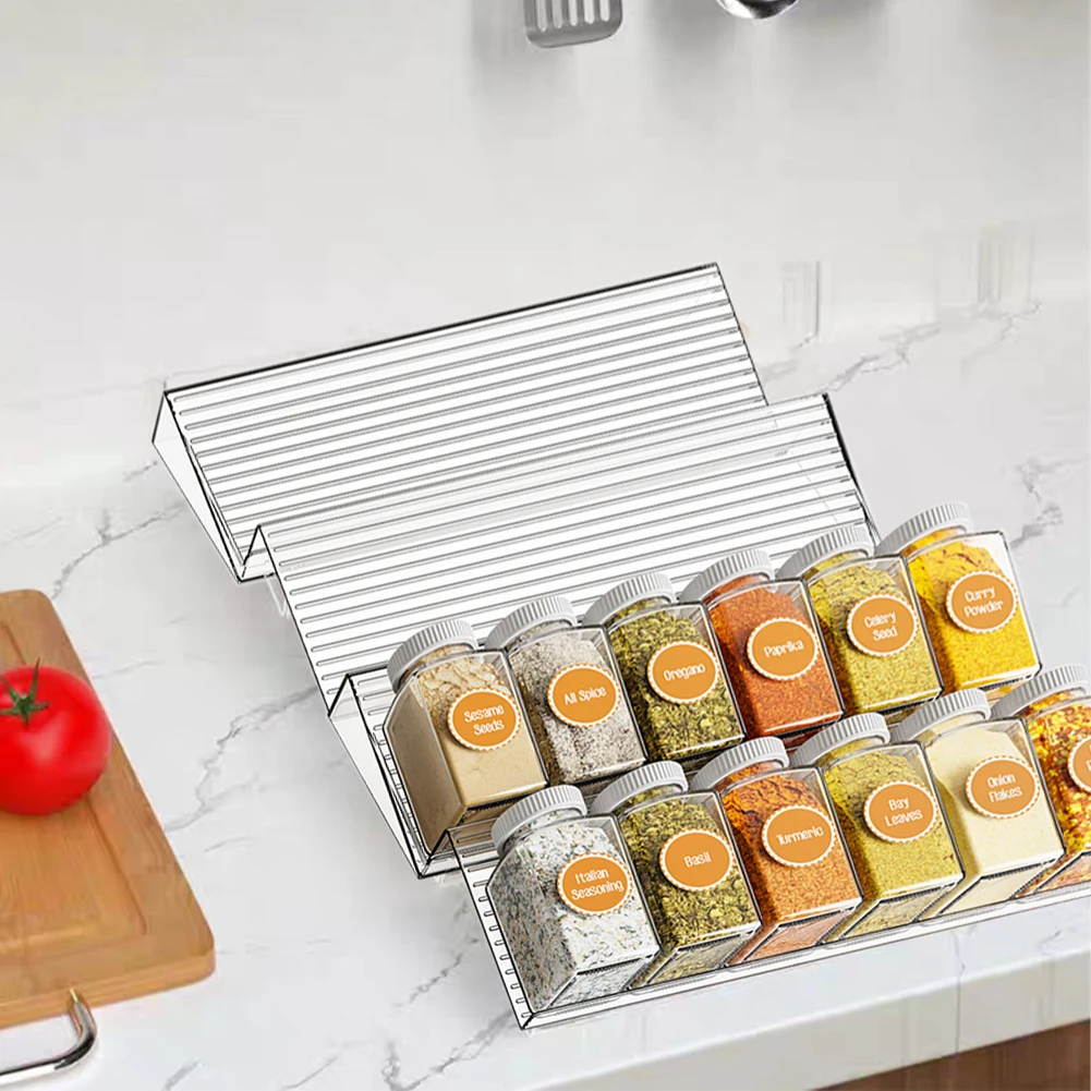 

Space Saving Tiered Spice Rack with Transparent Plastic Construction for Organizing For Spices and Household Items