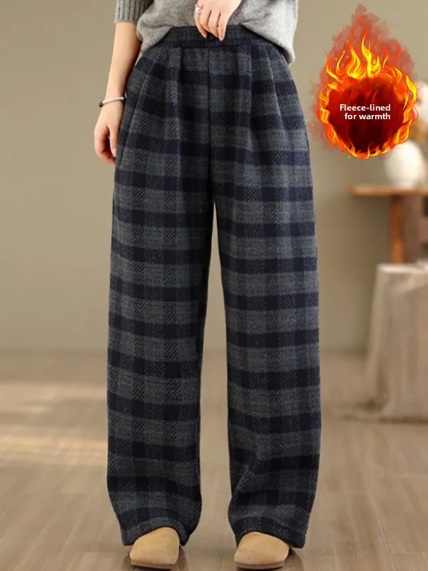 

Thiened шерстяные широкие брюки Fce, повседневные осенне-зимние женские брюки больших размеров, утягивающие брюки длиной до пола, художественная клетчатая одежда