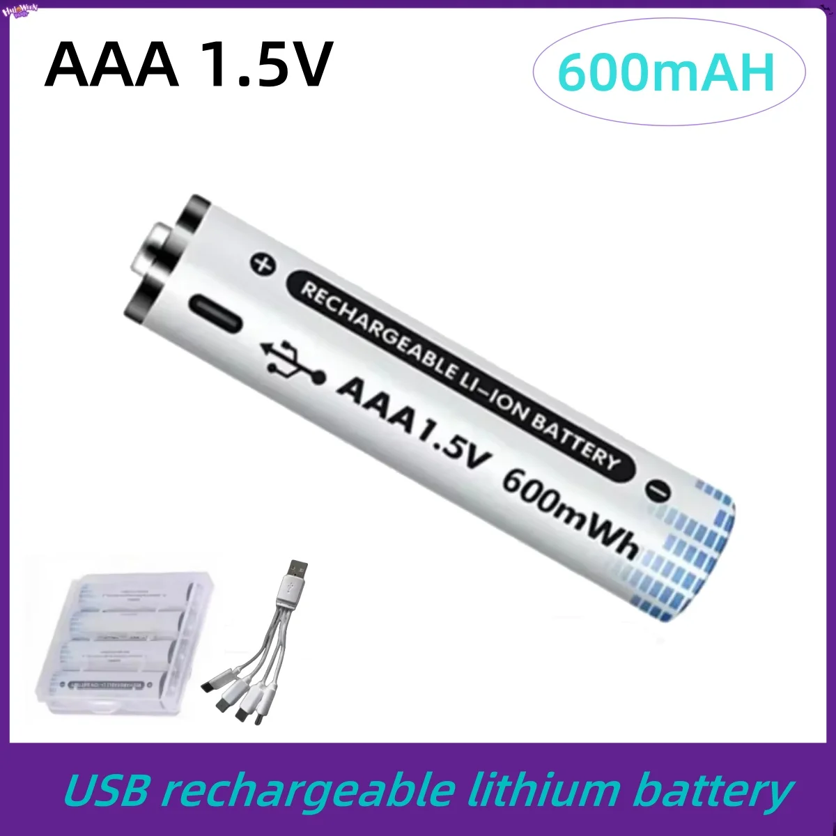 

Hot AAA Batteries USB Rechargeable 1.5V Li-ion 600mWh Backing Up Battery for Remote Mouse Toy Flashlight+ Type C Cable