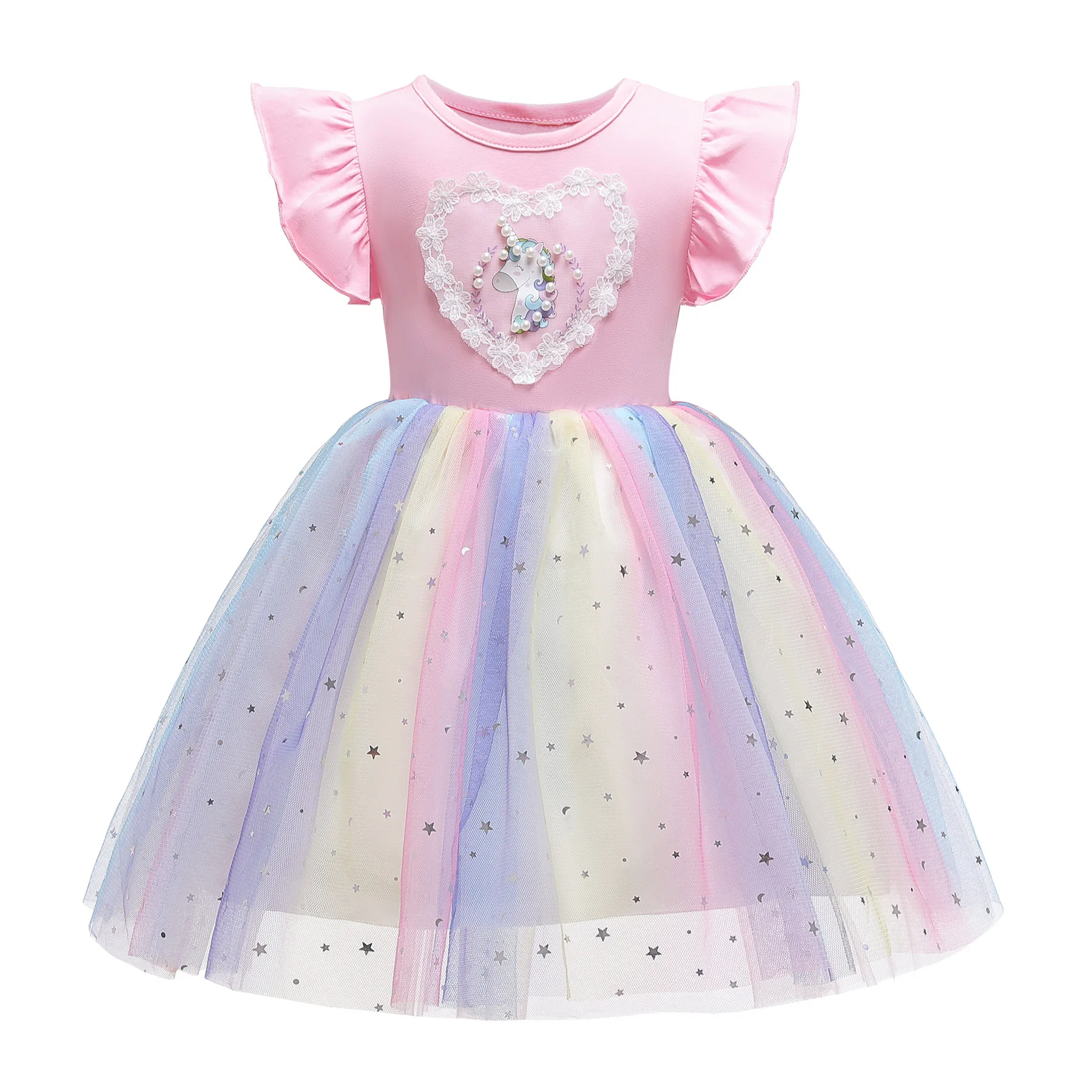 2-10 Years Unicorn Summer Girls Dress Cute Cartoon Mesh Girls Princess Dress Piano Performance Costume Birthday New Kids Clothes