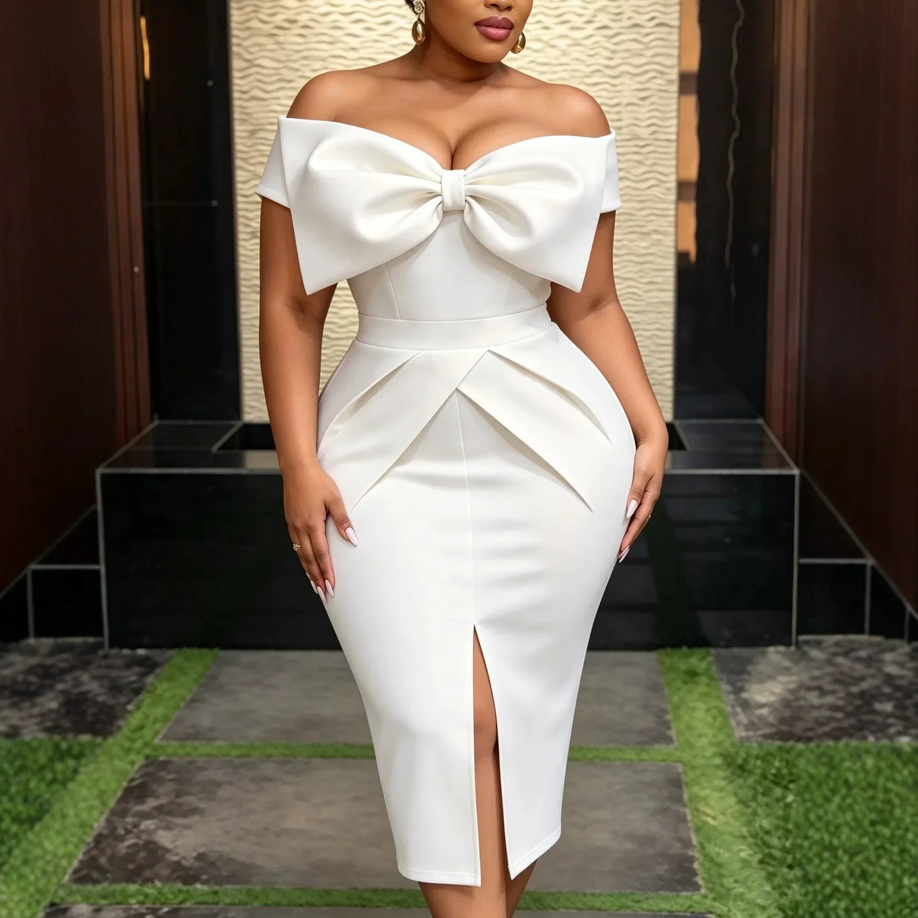 Africa Big Bow Off The Shoulder Satin Evening Gowns Sexy Slit Women Prom Dress Formal Wear Pink Girls Birthday Party Dresses