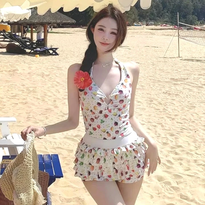 

Y2k Style Two-Piece Swimsuit Sweet Girl Ruffled Bikini with High Waist Polka Dot Fruit Print Perfect Beachwear for Charming Vibe