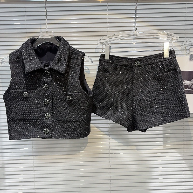 ภาษาฝรั่งเศสคํา Single-breasted Sequined ทอสั้นเสื้อกั๊กผู้หญิงเพชร-encrusted กางเกงขาสั้น 2 ชิ้นชุดอารมณ์ Socialite Party ชุด