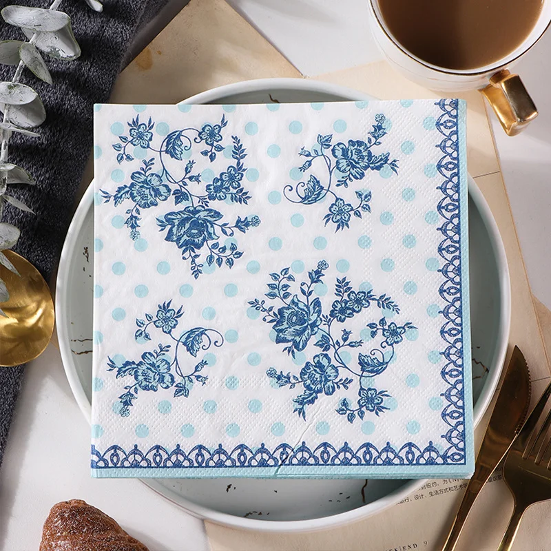 20Pcs Vintage Blue and White Porcelain Decoupage Paper Napkins Flowers Paper Tissues for Party Tableware Decor Wedding Supplies