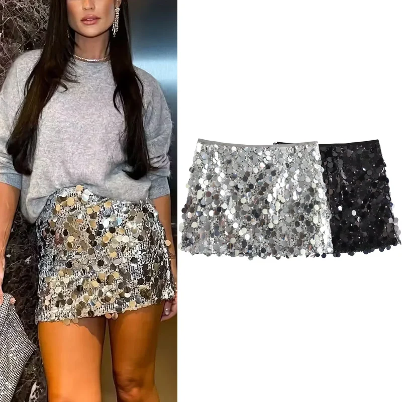 TRAF Short Skirts Women 2024 Spring Summer Autumn Sexy Elegant Party Mini Skirt Ladies Fashion Casual Sequined Skirt For Female