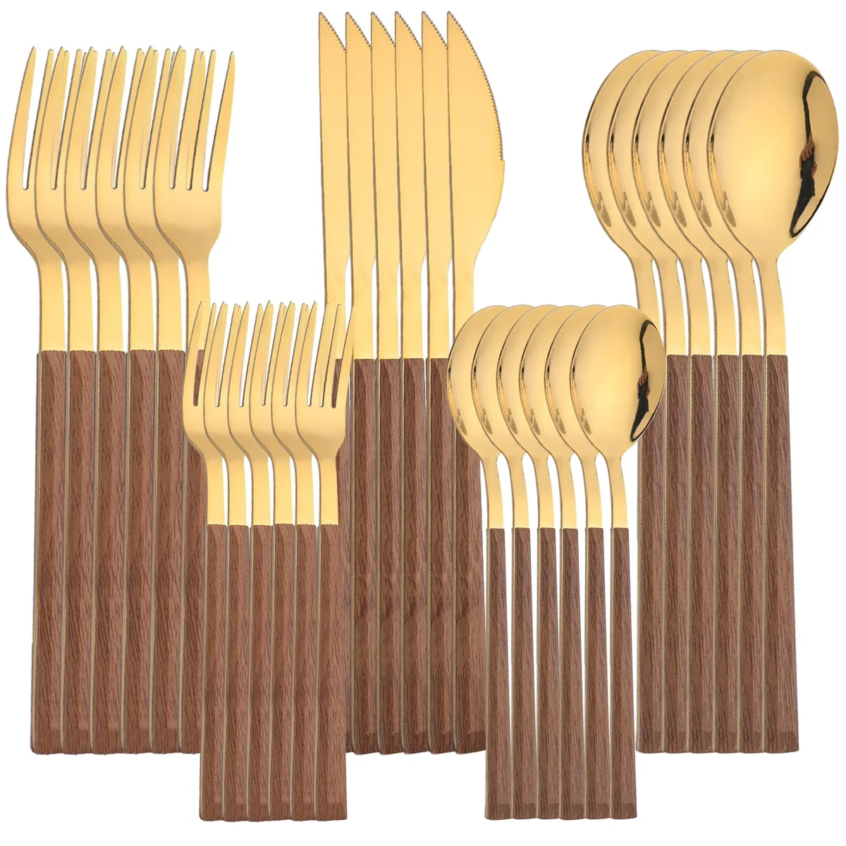 30-teiliges Besteckset mit Holzgriff, Edelstahl, Geschirr-Set, Messer, Gabel, Löffel, Geschirr, Festival, Küche, Geschenk, Besteck