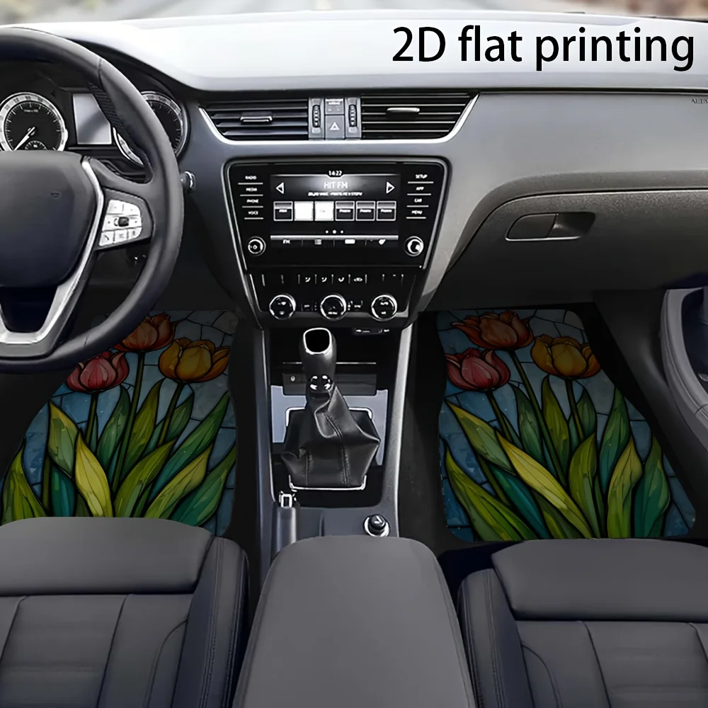4pcs Car Floor Mats, Colorful Tulip Floral Glass Window Design, Made Of, Universal Car Mats, Automotive Decorative Additions, Su