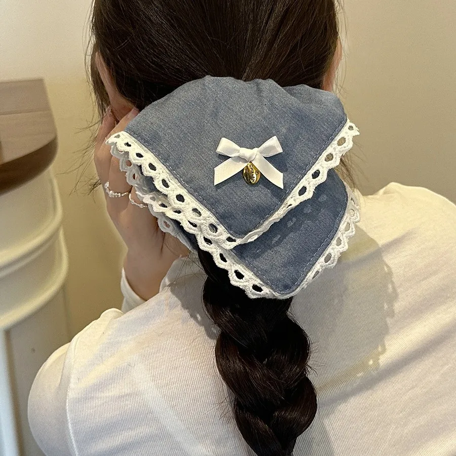 Blue Vintage Lace Scrunchie Floral Ribbon Bow Hair Rope for High Ponytail Messy Bun Daily Festival Office