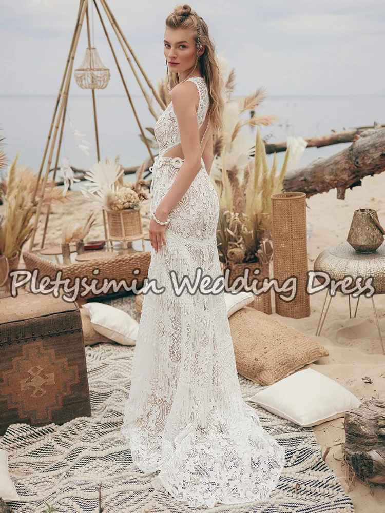 Boho Strand Trouwjurken 2026 Mouwloos Ronde Hals Fringe Gelaagde Kant Zeemeermin Bruidsjurk Romantische Robe De Mariée Aangepast