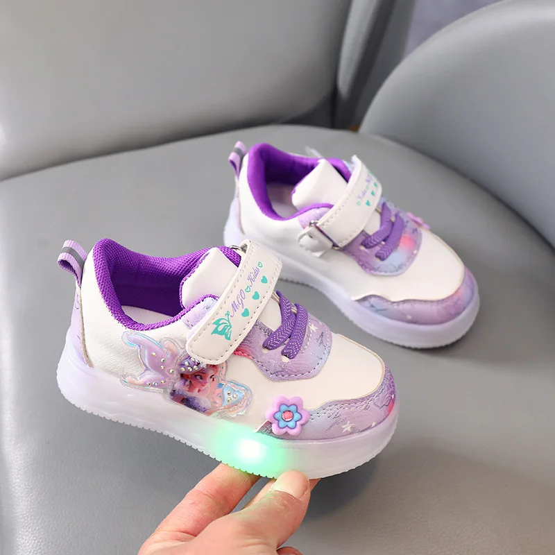 Disney LED Casual Sneakers For Spring Girls Frozen Elsa Princess Leather Shoes Children Lighted Non-slip Pink Purple Size 21-30