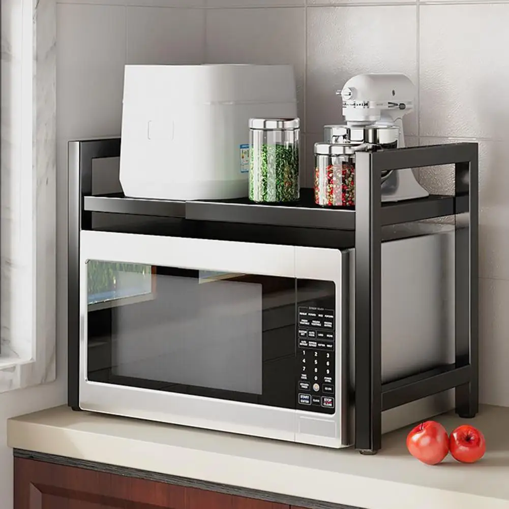 Microwave Oven Rack Adjustable Microwave Stand Shelf with 6 Hooks Extendable Oven Rack for Kitchen Counter Heat-resistant Strong