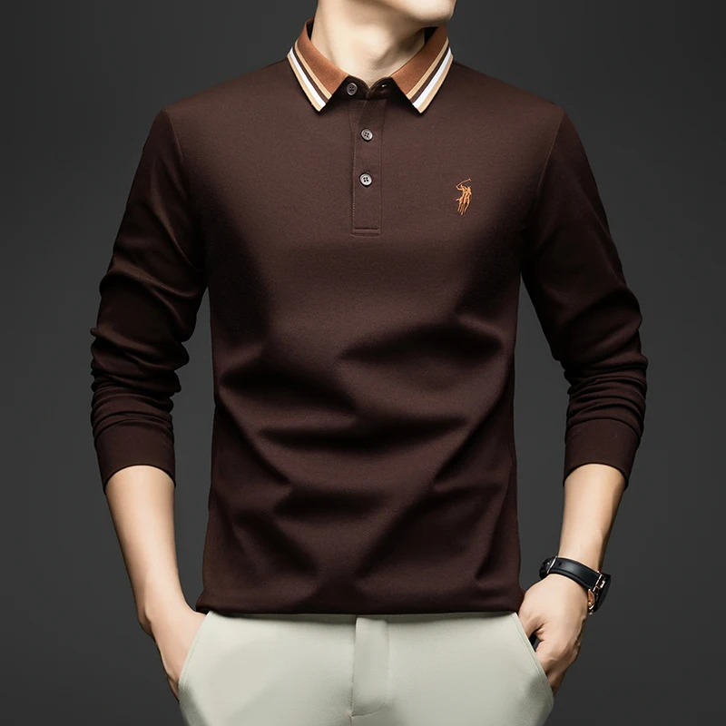 

Хлопковая рубашка-поло для папы, мужская футболка с длинными рукавами, новая повседневная деловая одежда с вышивкой на весну и осень, мужской стиль