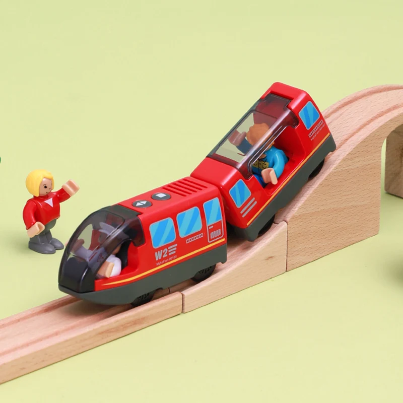 Elektrischer Zug für Kinder, Holzschiene, magnetischer Schlitz, elektrische Eisenbahn aus Druckguss, mit zwei Wagen, Zug, Holzspielzeug, passend für Brio-Schienen aus Holz