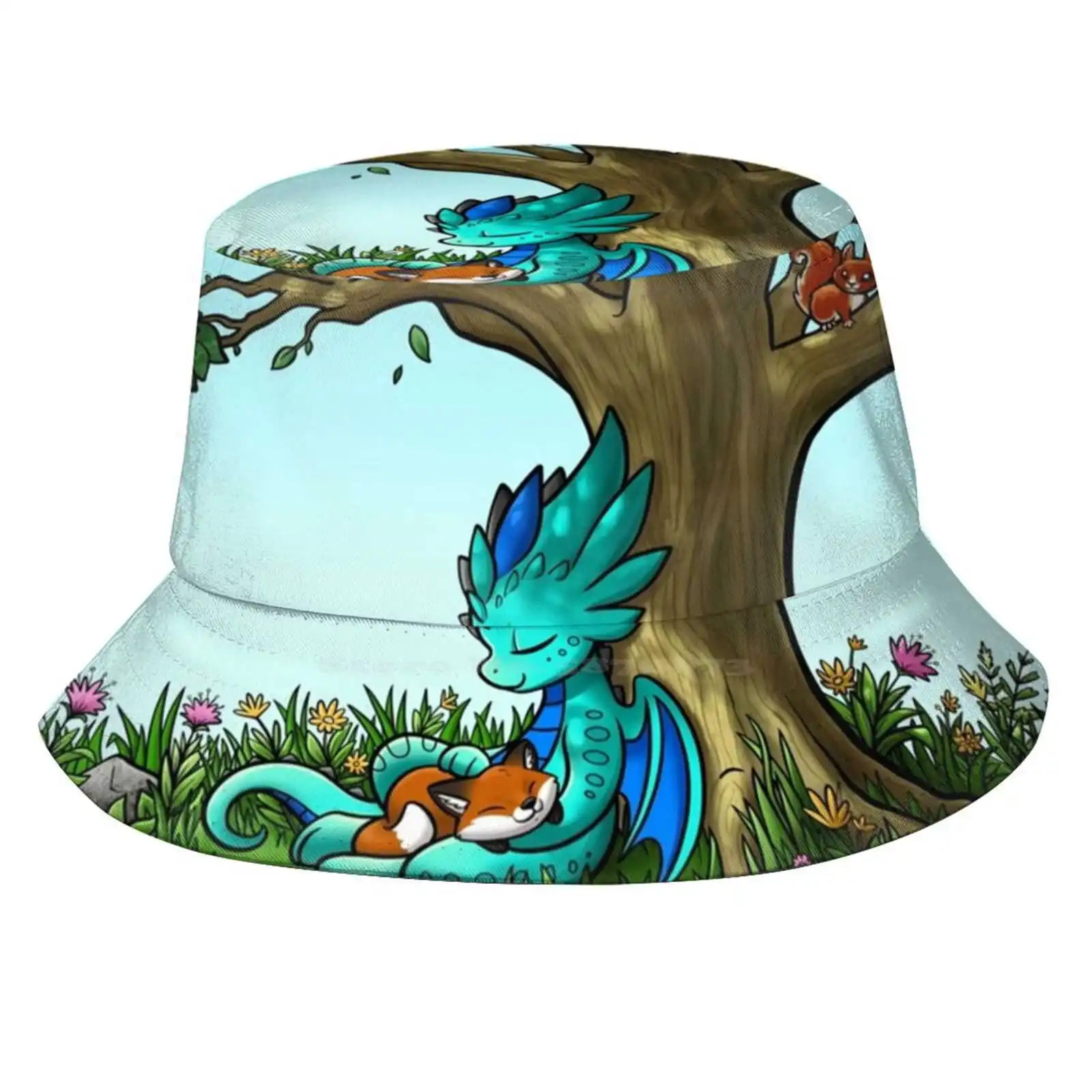 Kit & Biscuit 'Under A Tree' Sun Cap Fisherman Hat Bucket Hats Kit Biscuit Dragon With Fox Forest Critter Cute Fox