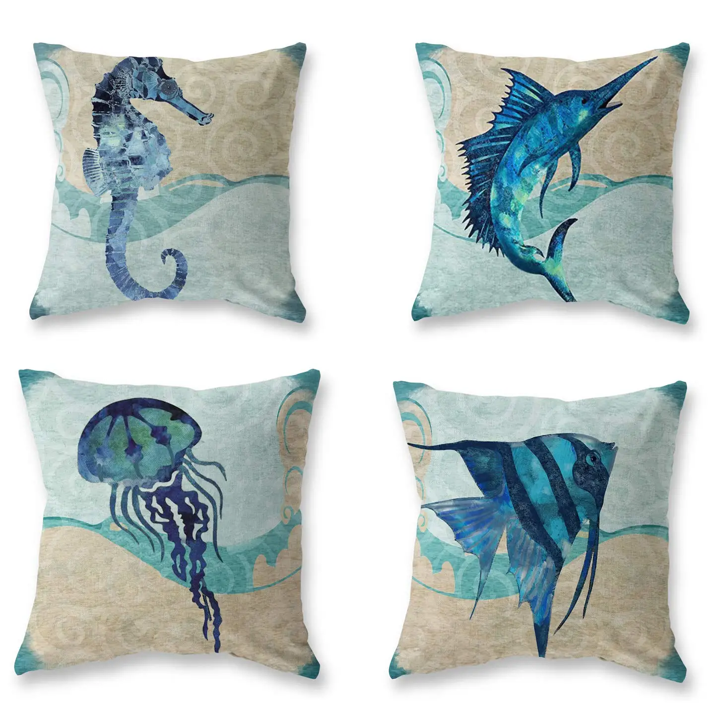 Marine life printing pillowcase, living room sofa cushion cover, home decoration, seahorse jellyfish tuna pattern pillowcase