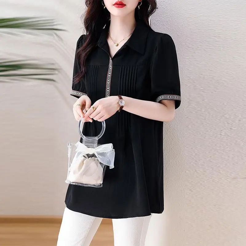 Summer New POLO Collar Fashion Short Sleeve Shirt Women High Street Casual Loose Pullovers Pleated Elegant Chic All-match Tops