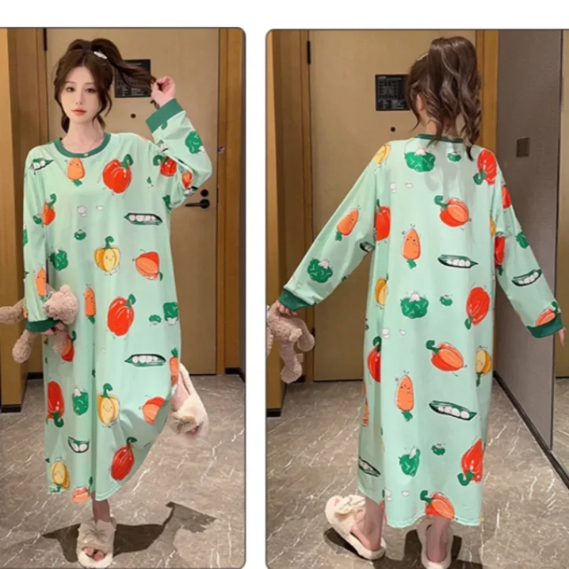 150kg Extra Large Loose Pajamas Women Cute Autumn Spring Long-sleeved Nightgown with Chest Pads Plus Size Home Dress Loungewear