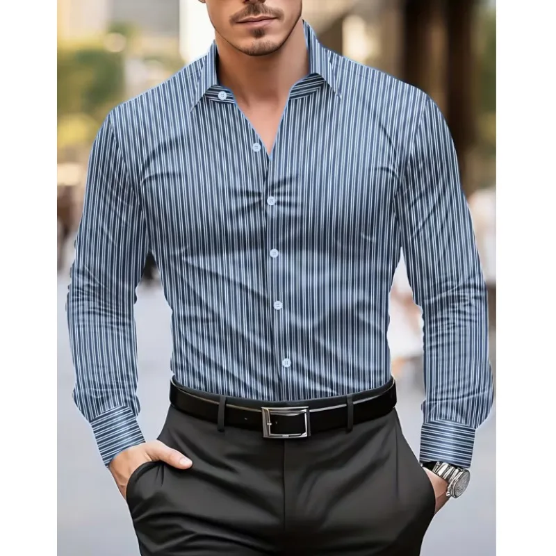 Men Striped Long Sleeve Shirt Turn Down Collar Slim Fit Casual Lightweight Business Blouse Vintage Daily Wear Shirts