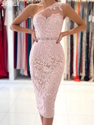 Pink One Shoulder Evening Dress Beaded Appliques Lace Bride Robe Elegant Knee-length Bridal Dresses Customized Vestidos De Novia