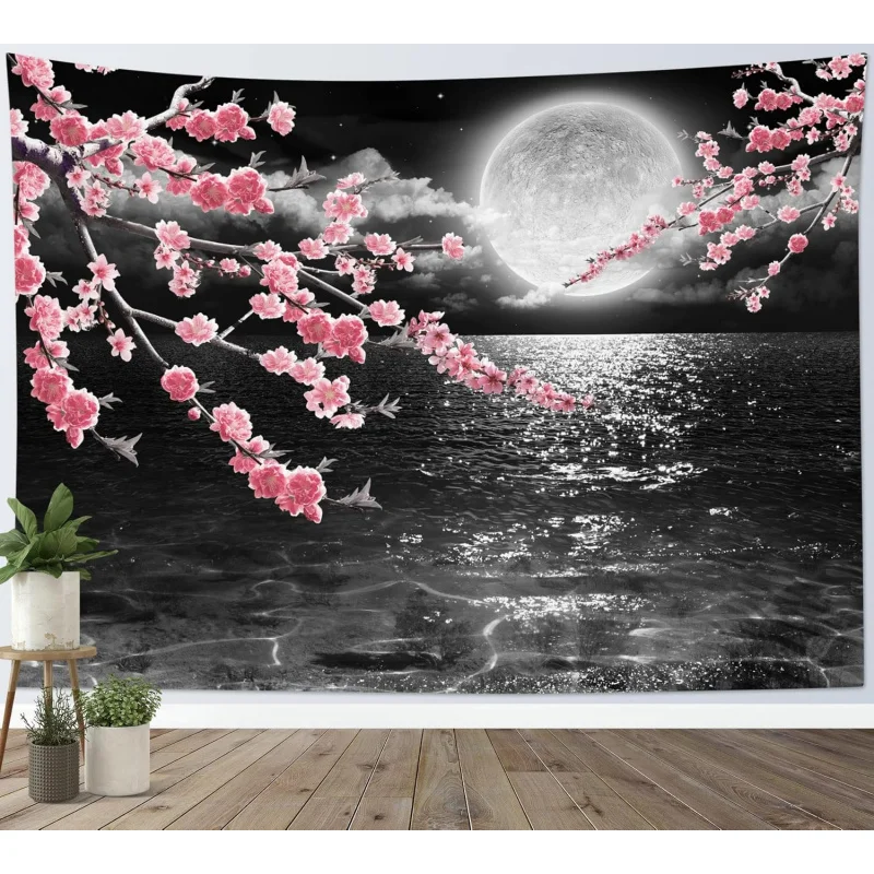 VIKAMA Night Ocean Cherry Blossom Wandteppich, Sakura Wave Wandbehang für Schlafzimmer, ästhetische Blumen-Heimdekoration am Meer