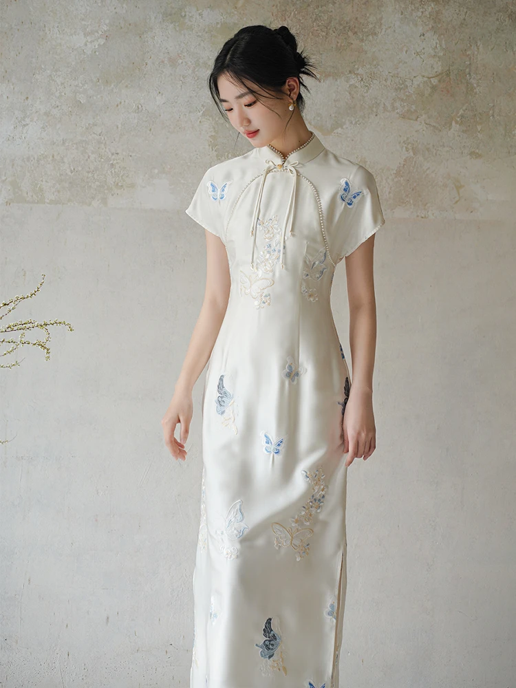 

Новое китайское женское платье-ципао с вышивкой, летнее, элегантное, с низким разрезом, коротким рукавом, длинное