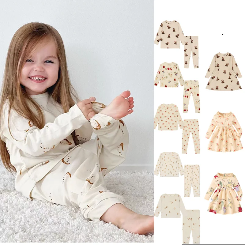 

Children's Home Clothes 2025 Autumn New Printed Cartoon Fashion Boys and Girls Pajamas Sleepwear Cotton Christmas Girls Dress