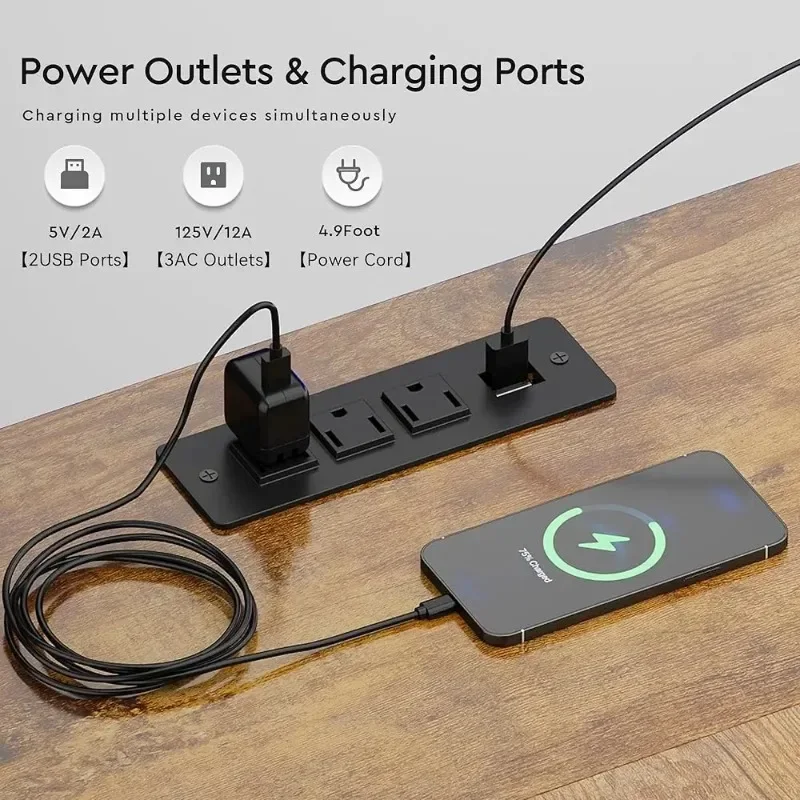 مكتب على شكل حرف L مع أرفف، مكتب كمبيوتر قابل للعكس مع أضواء LED ومحطة شحن، مكتب زاوية للمكتب المنزلي مع شاشة