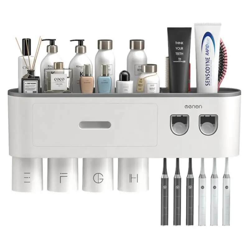 Magnetic Adsorption Toothbrush Holder 4Cups Waterproof Storage Box Toothpaste Dispenser Wall Mounted Bathroom Accessories